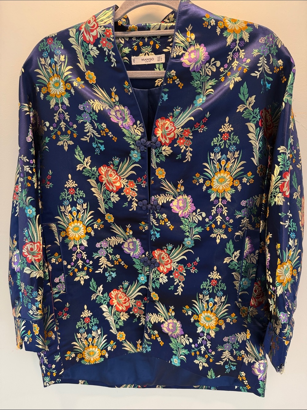 Mango Navy Floral Satin Blazer